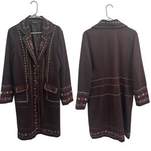 Michelle Nicole Vintage Brown Wool Embroidered Floral Car Coat Boho Retro Twee